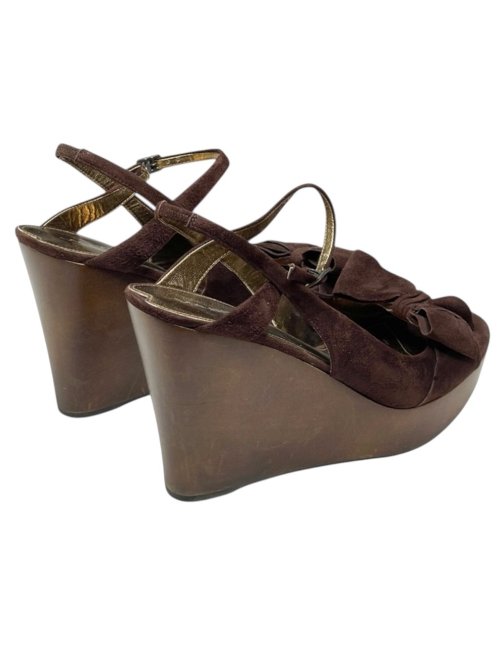 new Via Spiga ✽ Wood Wedge Platform Heel Bow Sandals ✽ Chocolate Suede ✽ 10.5M ✽ - Picture 5 of 16
